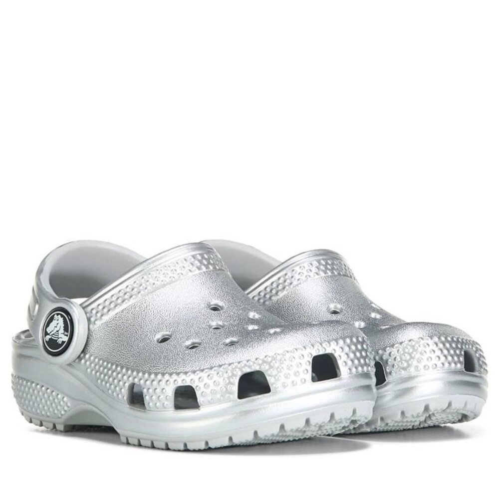 NEW! CROCS CLASSIC METALLIC CG T Silver Clogs Kids Slippers Toddler Shoe Comfort